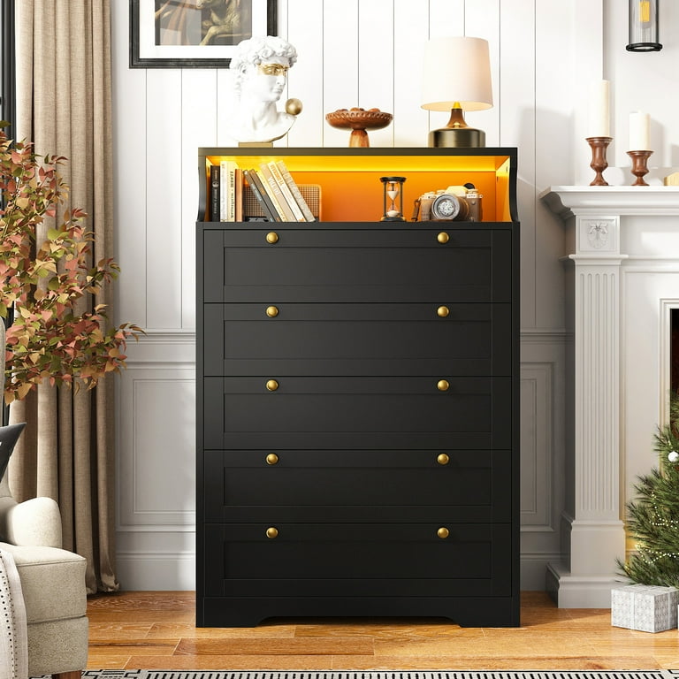 EnHomee Black Dresser, Solid Wood, 5 Deep Drawers, 31.7""L x 48.6""H, LED Light & Open Shelf, Modern Storage Furniture" - Walmart.com EnHomee Black Dresser, Solid Wood, 5 Deep Drawers, 31.7""L x 48.6""H, LED Light & Open Shelf, Modern Storage Furniture" - Walmart.com