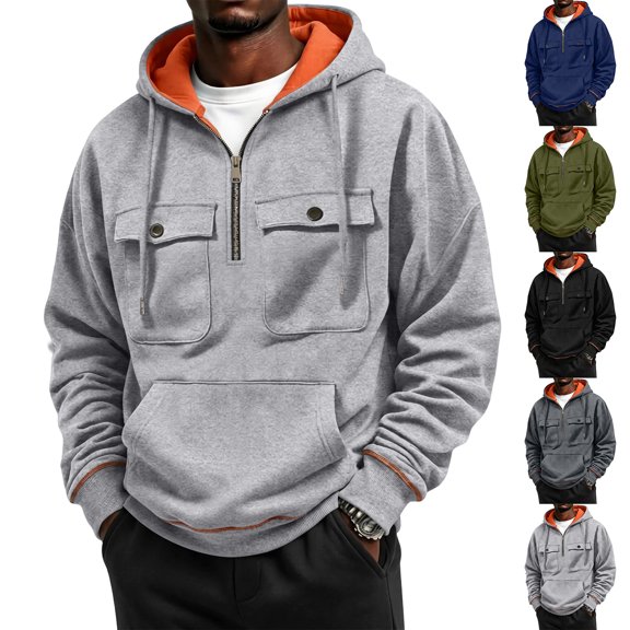 Hearthz Quarter Zip Mens Flannel Hoodie Cargo Mens Sweatshirt Hoodie Fall Winter Warm Mens Fleece Sweatshirt with Pocket Black XXL