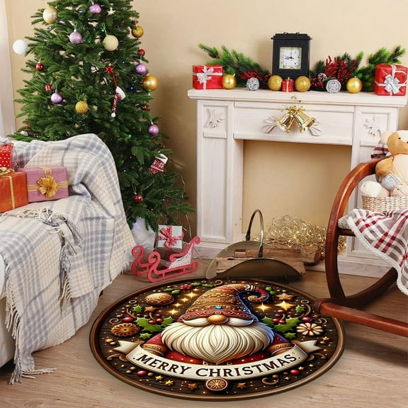 Loyerfyivos Christmas Tree Gnomes Round Area Rug 16Inch Winter Snow Non-Slip Round Rugs Washable Soft Circle Mat Decor Carpet for Bedroom Living Room Dining Room Entryway Nursery Indoor