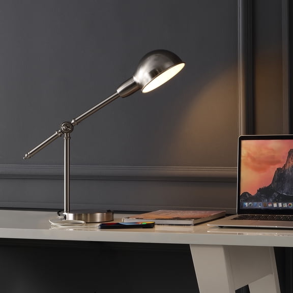JONATHAN Y Curtis 20.25" Vintage Industrial Iron Adjustable Dome Shade LED Task Lamp with USB Charging Port, Nickel, JYL7123B
