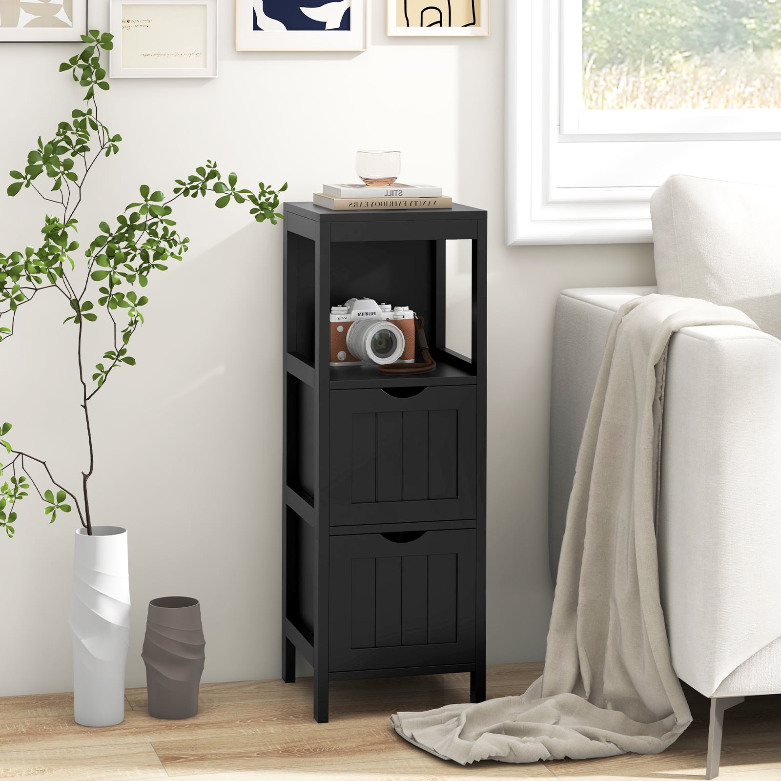 Giantex Narrow Storage Bathroom Cabinet, Freestanding Floor Cabinet w/2 Removable Drawers, Black
