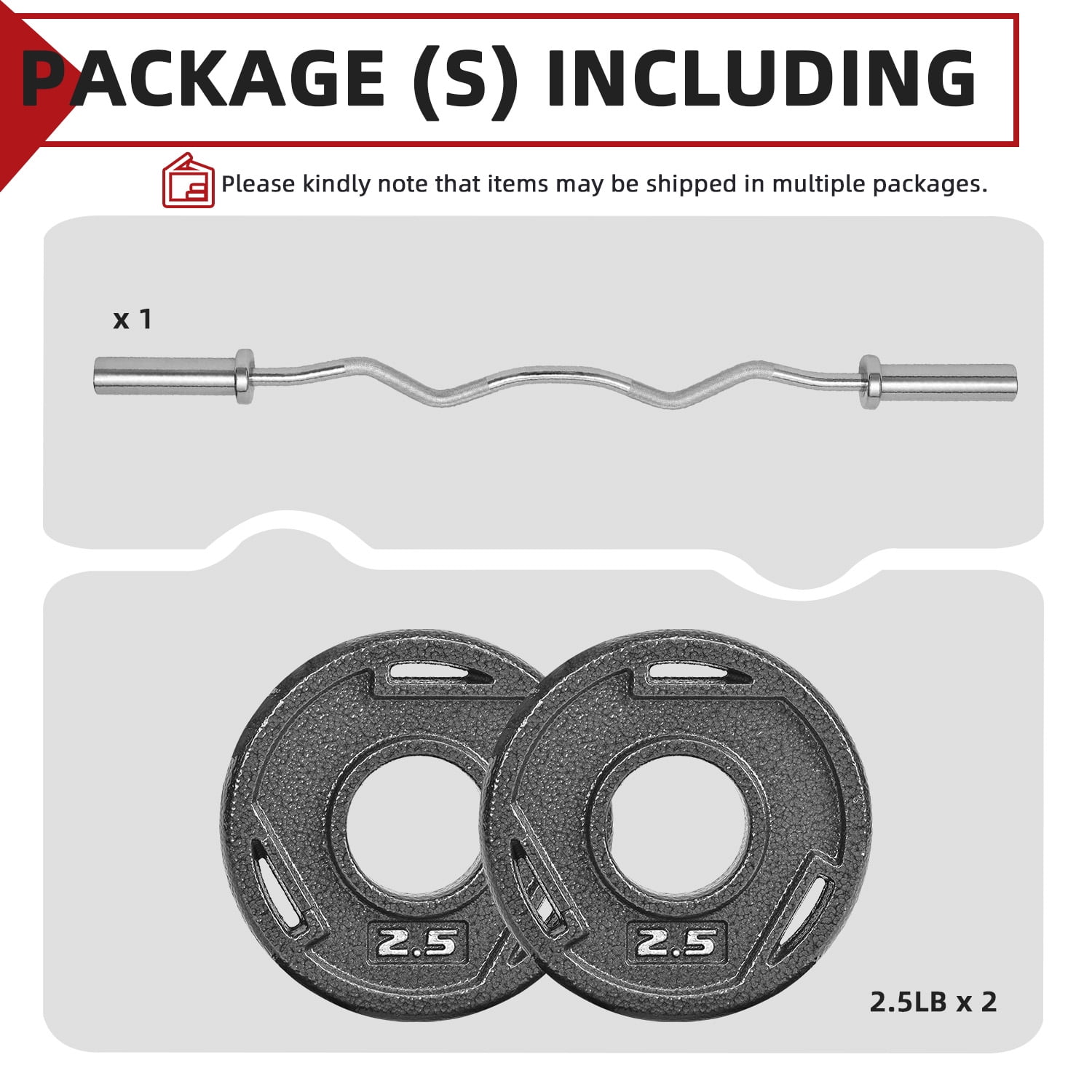 FlexWave 4FT EZ Curl Barbell Set with 5 Pairs of 3-Hole Cast Iron Plates (2.5–45LB), Home Gym Weight Set