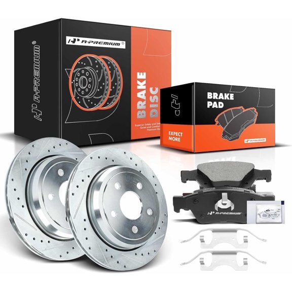 A-Premium 13.78 inch(350 mm) Rear Drilled and Slotted Disc Brake Rotors   Ceramic Pads Kit Compatible with Select Dodge and Jeep Models - Durango 2011-2020, Grand Cherokee 2011-2020, 6-PC Set