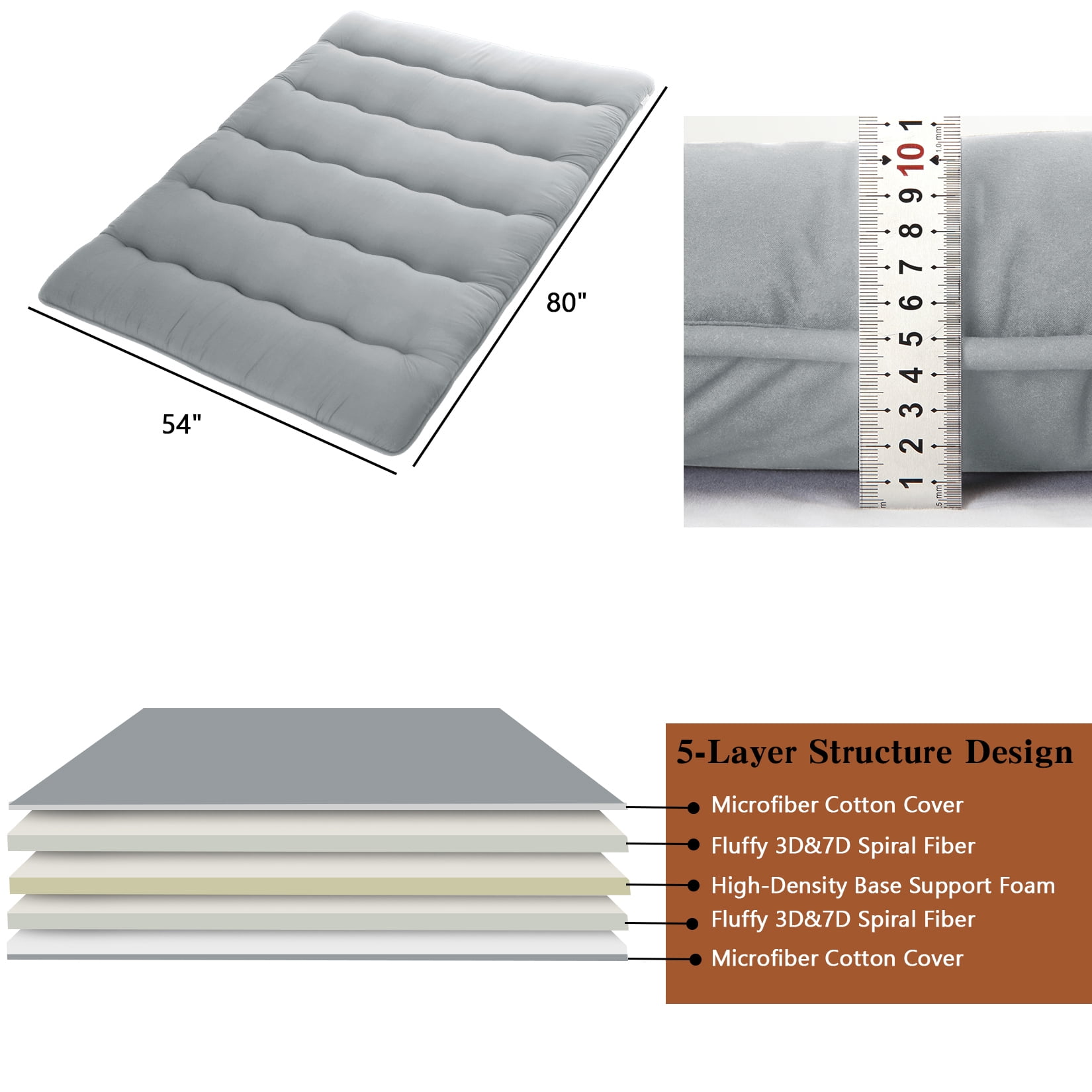 Japanese Futon Floor Mattress Twin/Full Size Sleeping Mat, Tatami Mat, Portable & Foldable Roll Up Camping Mattress Pad for Sofa Lounger, Light Gray, Full