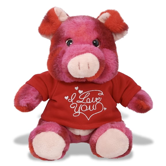 DolliBu I LOVE YOU Super Soft Pink Tie-Dye Pig Plush- Cute Pig Plush Stuffed Animal with I Love You Red Shirt For Valentine, Anniversary, Romantic Date, Boyfriend, or Girlfriend Gift - 9 Inches