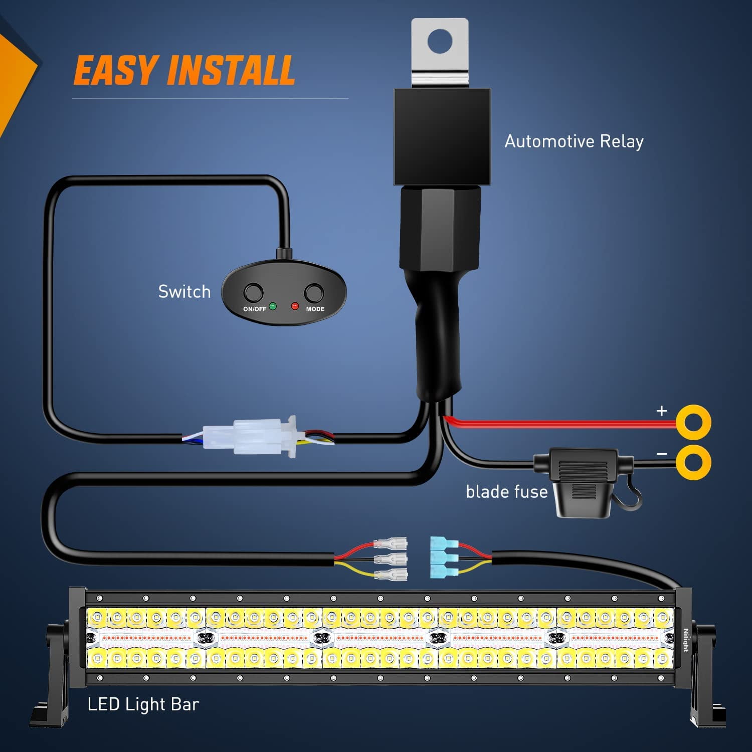 Nilight 22inch 480W Led Light Bar Spot Flood Amber White Strobe 6 Modes Memory Function Reset Function Off-Road Truck Car ATV SUV Cabin Boat with 16AWG Wiring Harness Kit-1 Lead