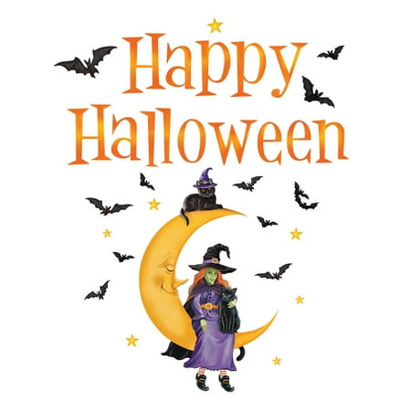 Halloween Witch Sitting on Moon Festive Garage Door Magnet, with Bats, Outdoor Decoration