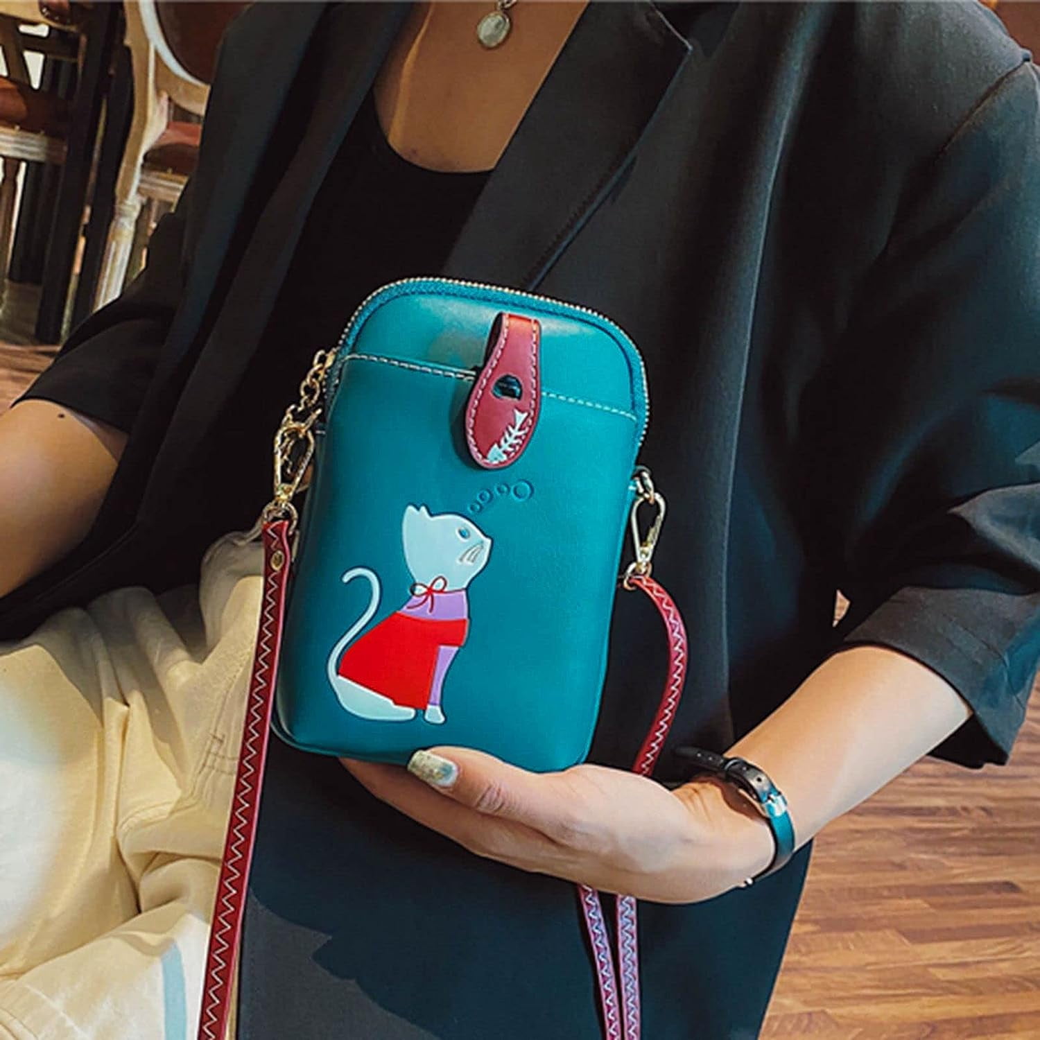 Small Crossbody Phone Bag for Women Leather Cute Cat Cellphone Purse Shoulder Bags PU Wallet