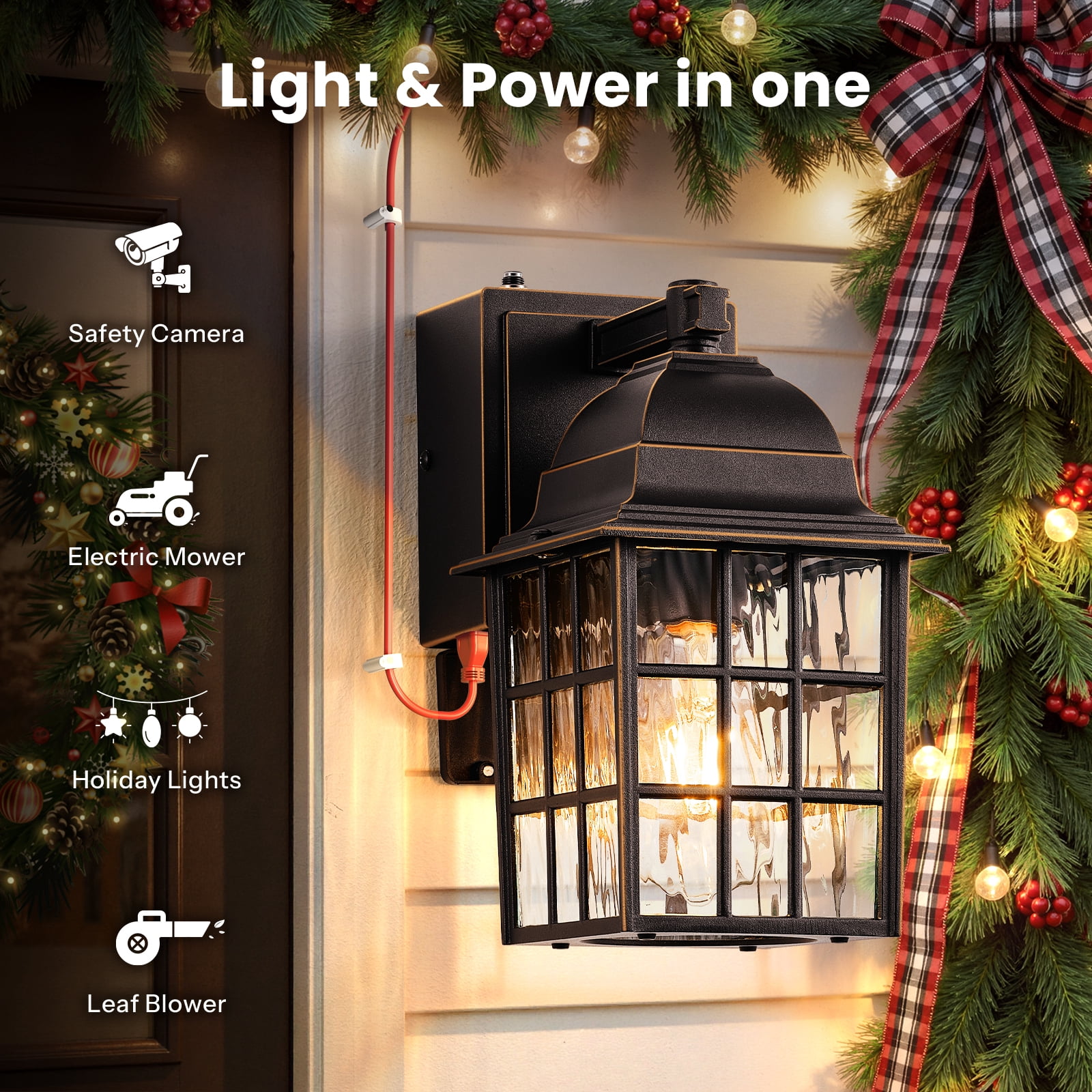 Gleamz Dusk to Dawn Outdoor Porch Light with GFCI Outlet, Farmhouse Oil Rubbed Bronze Gold Trim Outside Wall Sconce Lantern, Waterproof Exterior Garage Lighting Fixtures Wall Mount for House