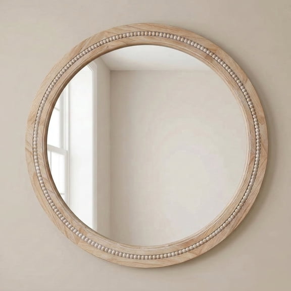 YAURA 30" Round Solid Wood Wall Mirror with Beaded Frame, Modern Farmhouse Decor for Bathroom Vanity, Natural
