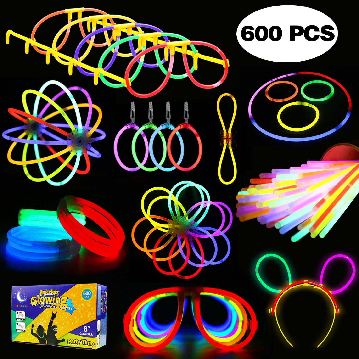 SHATCHI 100pcs/200pcs/400pcs Glow Sticks 8 and Connectors Neon Colours Kit for Bracelets Multicoloured 200pcs Rings Necklace Halloween Rave Fancy Dress Party Props Bag Fillers Toys Favours 