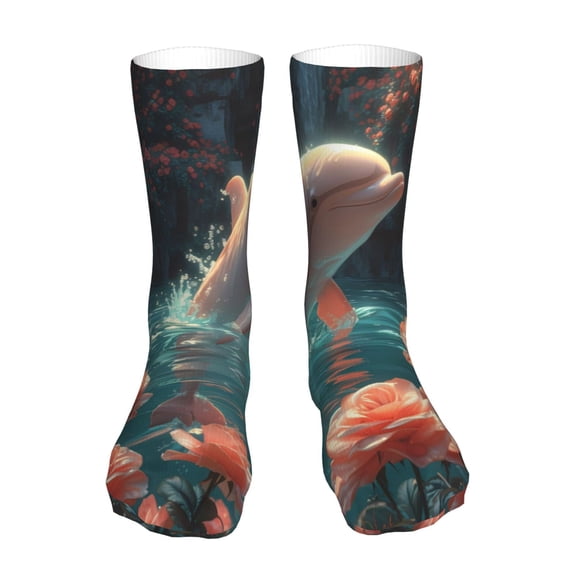Goofa Flower White Dolphin for 16in Socks, Funny Novelty Crazy Design Cotton Socks Sports Socks Knee High Socks For Men, Women,1Pairs - Gift For Working Friends
