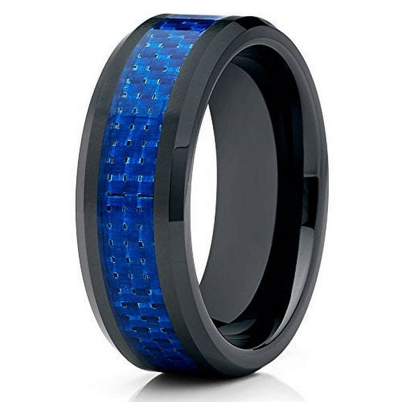 Silly Kings 8mm Blue Ceramic Wedding Ring Black Beveled Edges Classic Beveled Edges Mens Band
