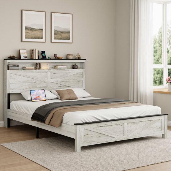 Queen Size Bed Frame with LED Lights & Charging Station, Storage Headboard Platform Bed with Hidden Storage, No Box Spring Needed for Bedroom Living Room, Antique White Gray