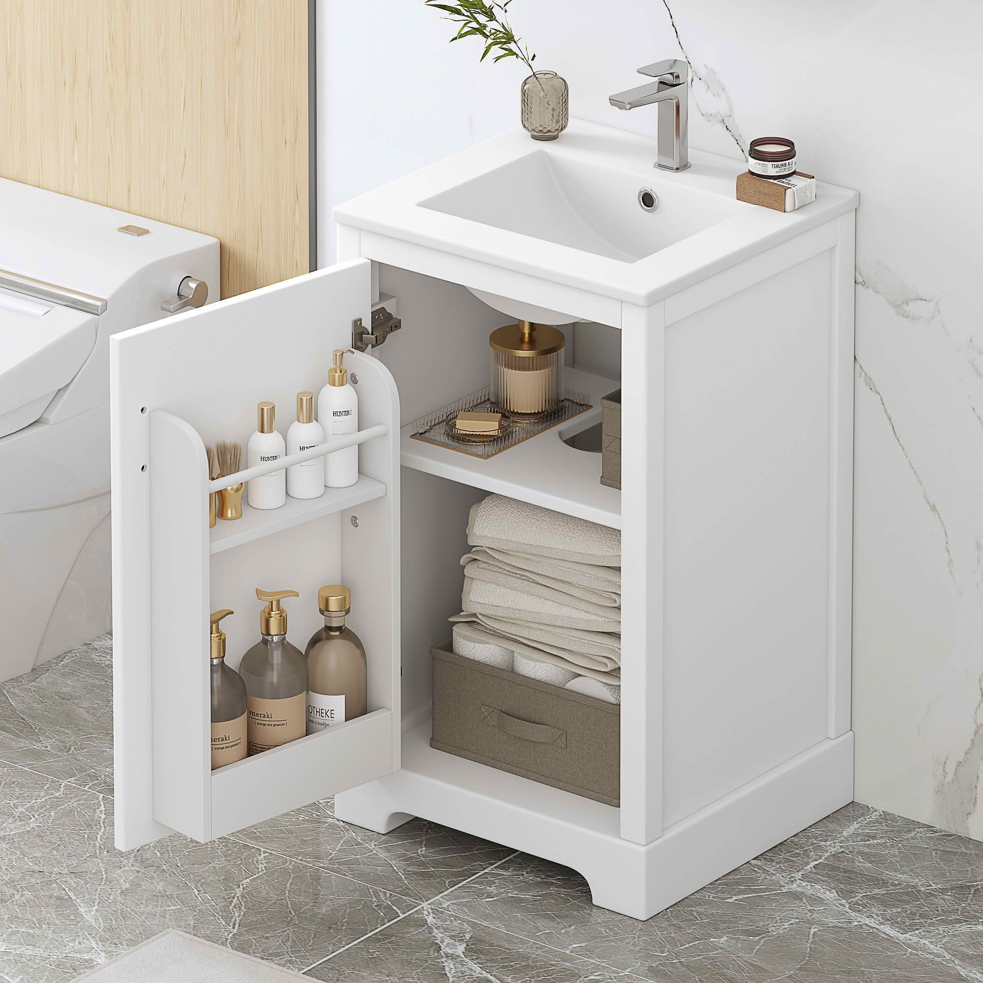 MAYEERTY 30" Bathroom Vanity with Sink White MDF Rubberwood 3 Drawers Adjustable Shelf Freestanding