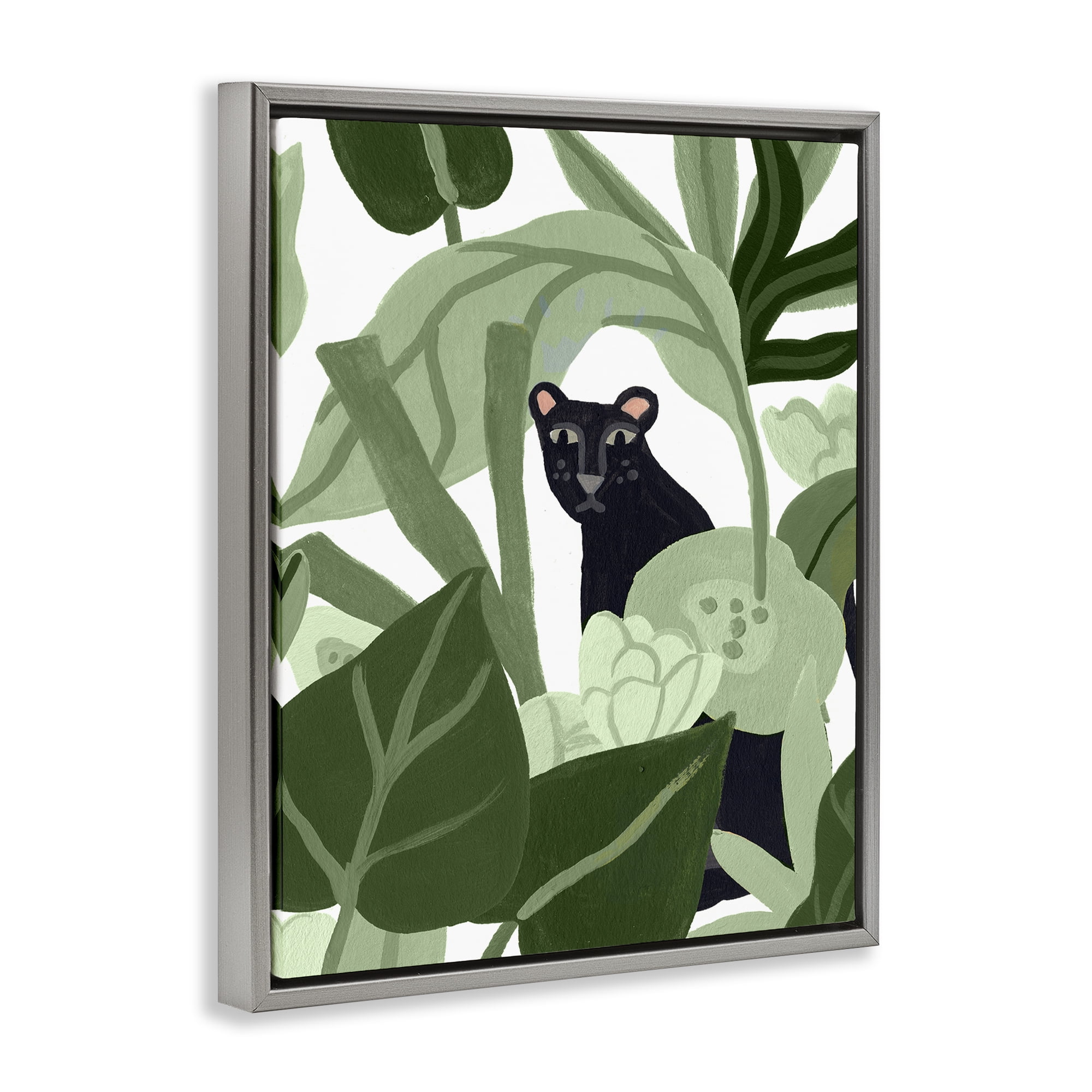 Stupell Industries Panther Peeking from Leaves Plants & Flowers Painting Gray Floater Framed Canvas Art Print Wall Art, 25 x 31