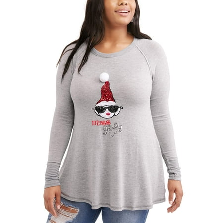 Junior's Plus Long Sleeve Sequin 'Miss Elfie' Graphic Xmas Top