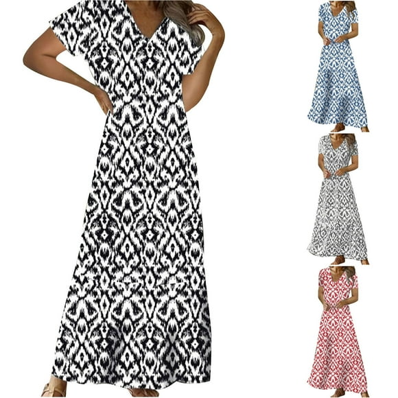 Sentmoon Summer Dresses Plus Size Short Sleeve Breathable Wedding Guest Dress Formal with Print Loose V Neck Ladies Dresses Comfy Everyday Dress Red XXL