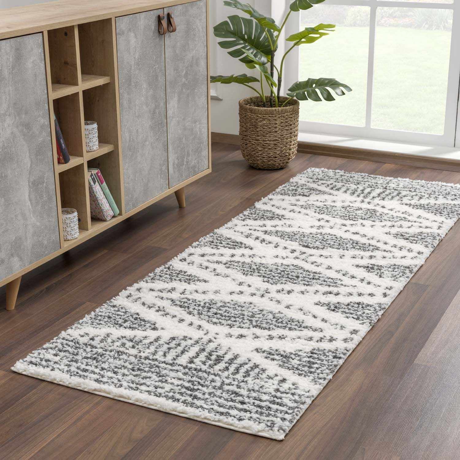 Hauteloom Atlas Moroccan Farmhouse Door Mat Shaggy Small Area Rug - Bohemian Shag Rug - Plush High Pile - Southwestern Boho Soft Carpet - Black, Cream, Grey, Beige - 2" x 3'