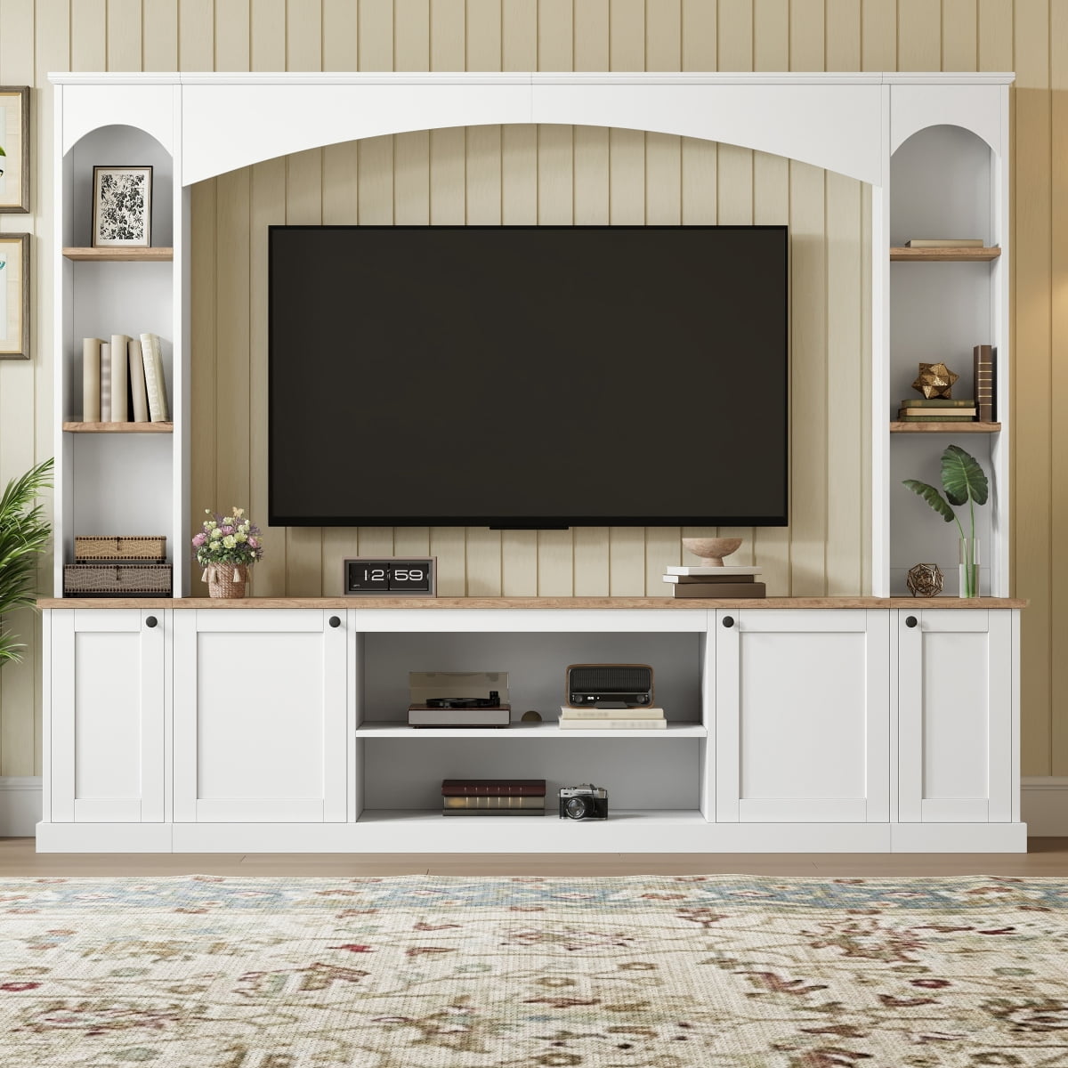 Luckynote Farmhouse TV Stand, Entertainment Center with Bookshelf, Arched Design Wood Grain for 70" TVs, 91 Inch Media Console with Adjustable Shelves, White