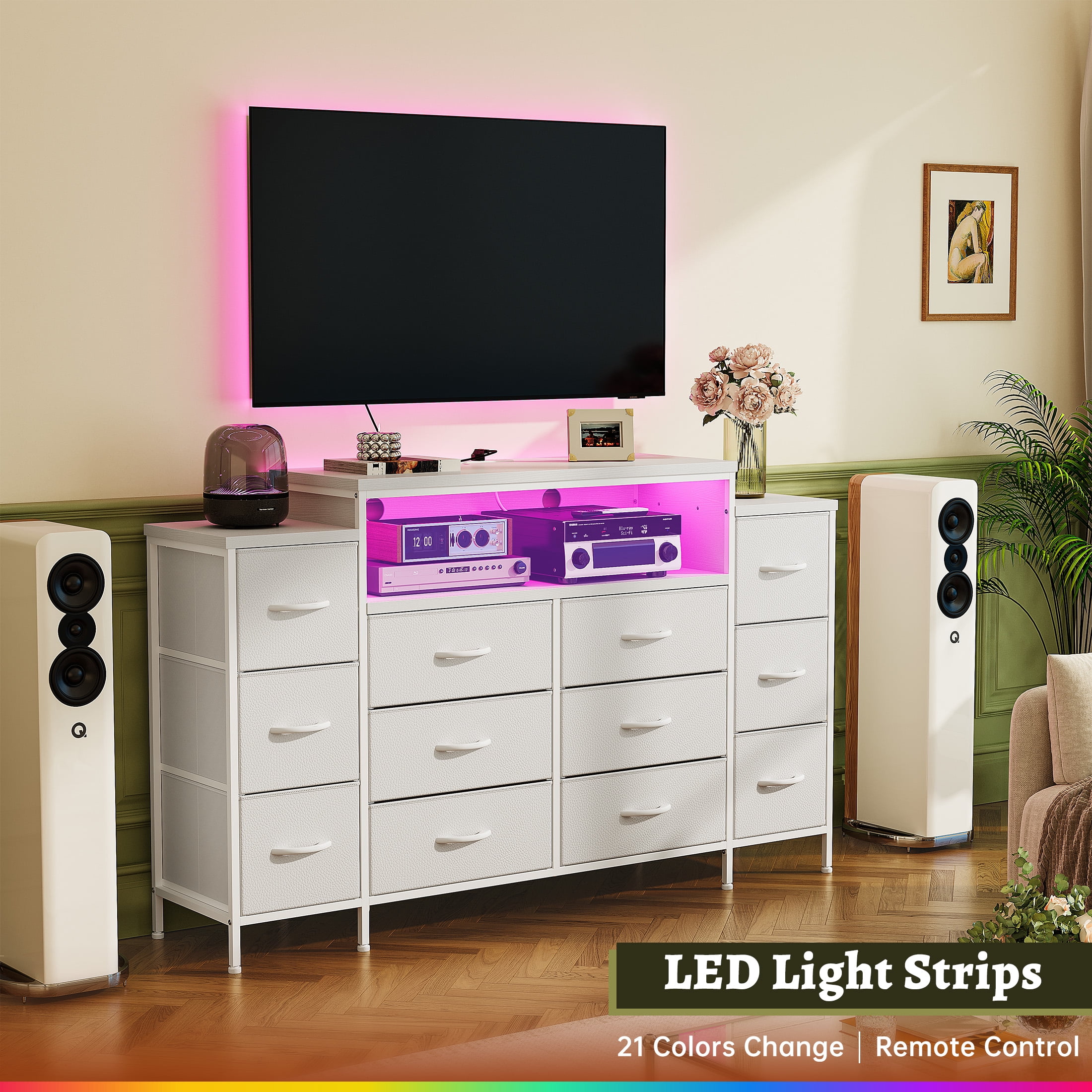 EnHomee White Dressers for Bedroom with 12 Drawer Fabric Dressers with LED lights & Power Outlet,55"W x 11.8"D x 33.5"H