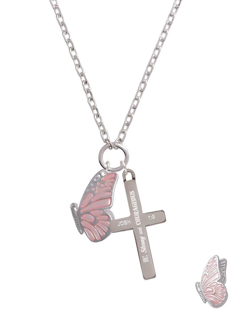 Delight Jewelry Silvertone Large Translucent Pink Flying Butterfly Be Strong and Courageous Engraved Cross Zoey Necklace, 28"