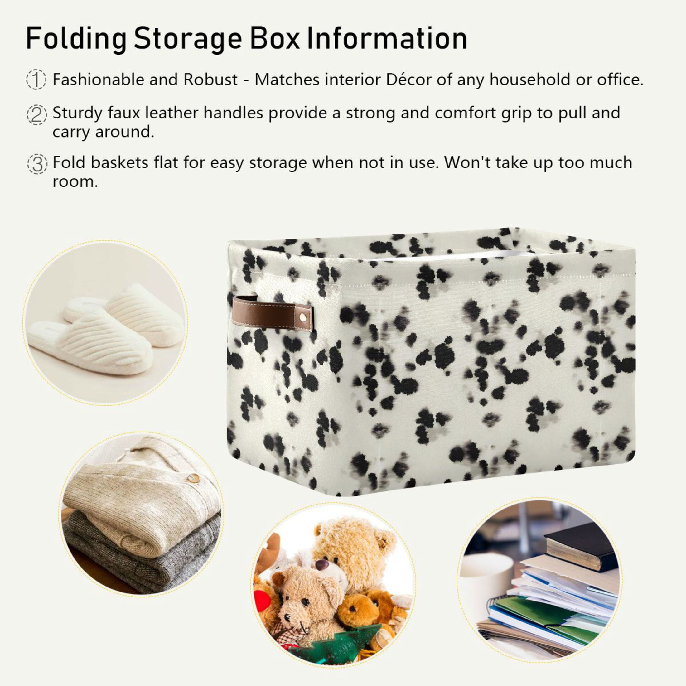 Black Cow Spots Storage Bins with Handle Fabric Organizer Basket Foldable Box 2 Pack 14.2x10.2x8.3