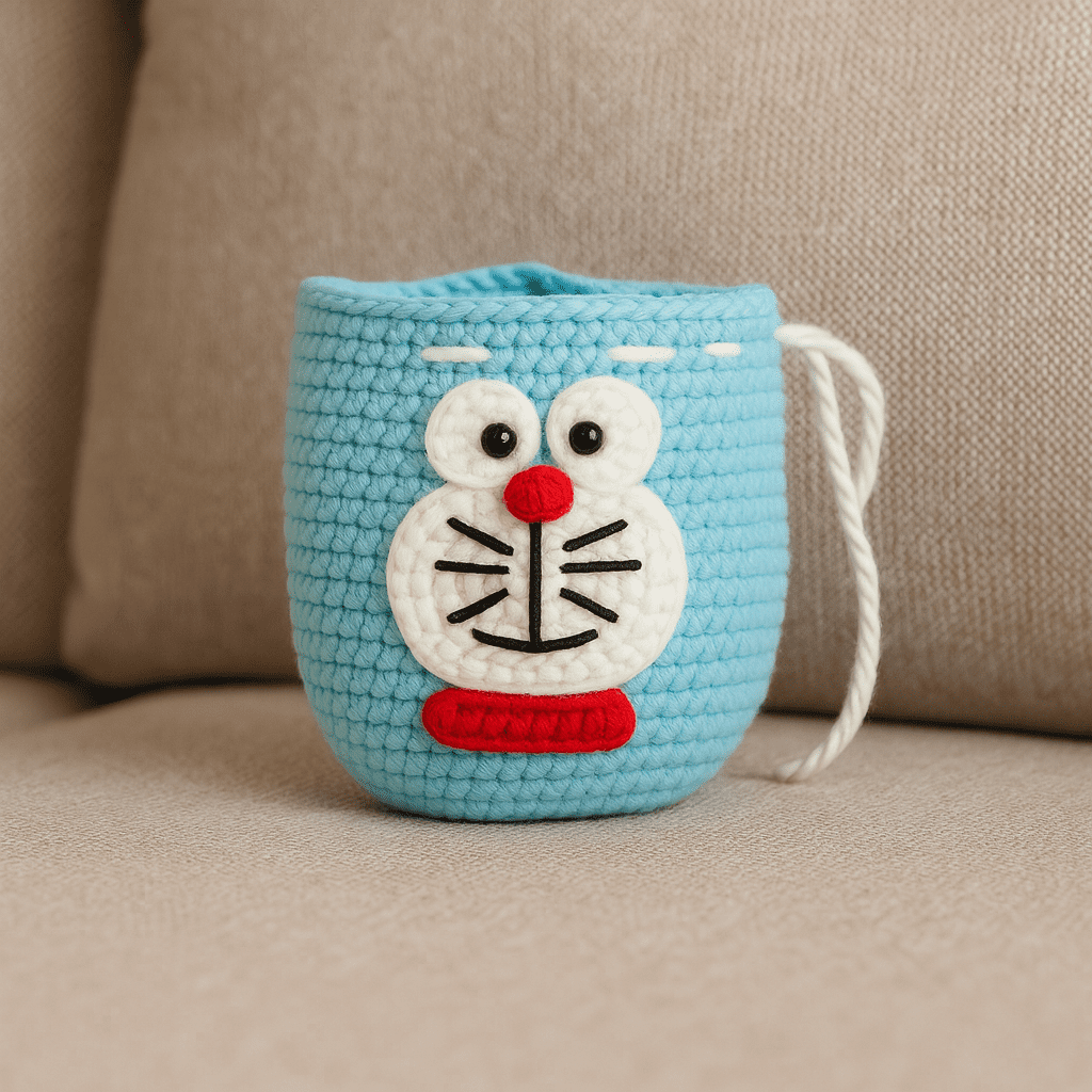 Handmade Crochet Coin Pouch – Blue Cartoon Face Woolen Bag with Drawstring | Cute Organizer for Kids, Girls & Gifting