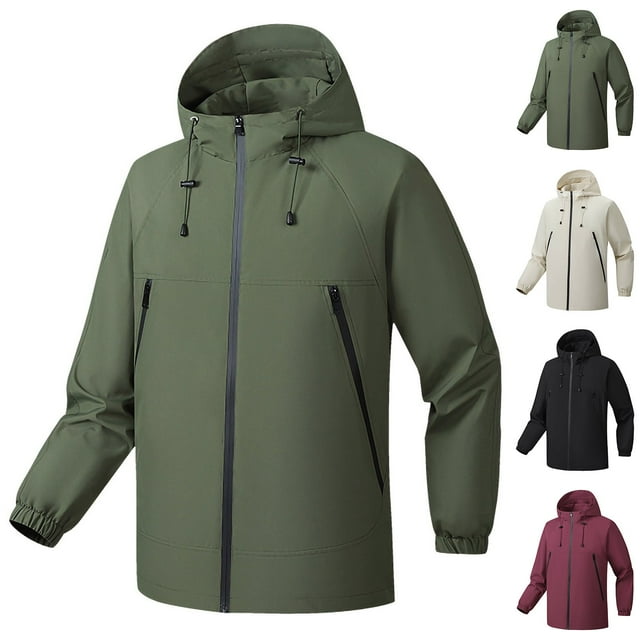 Sentmoon Men's Coat Color Block Long Sleeve Drawstring Hooded Neck Jackets for Men Winter Oversized Zipper Windbreaker Waterproof Trendy Mens Clothes Fall Stylish for Walking and Daily White M