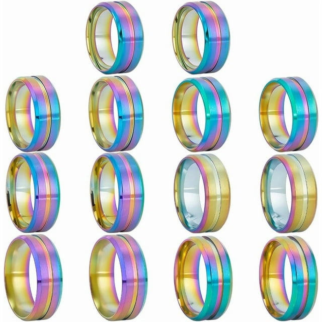 1 Box 7 Sizes 14Pcs Stainless Steel Ring Blanks Metal Inlay Rings Kit Size 6/7/8/9/10/11/12 Core Empty Round Grooved Finger Findings for Jewelry Making Crafts DIY Supplies Women Men Adults