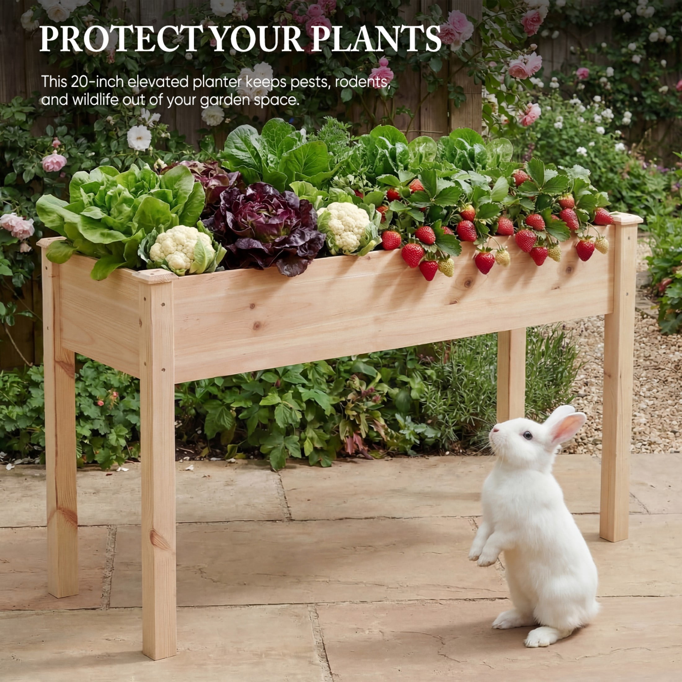 SHOUFTW Elevated Wooden Planter Box-48"x24"x30" Raised Garden Bed with Built-in Drainage & Protective Liner for Backyard, Patio & Balcony, Wooden Color