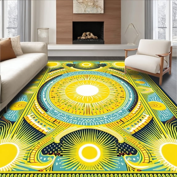 ODIKA 4'x6' Machine Washable Non-Slip Area Rug, with Sun and Moon High Traffic Rug, Yellow, 83226