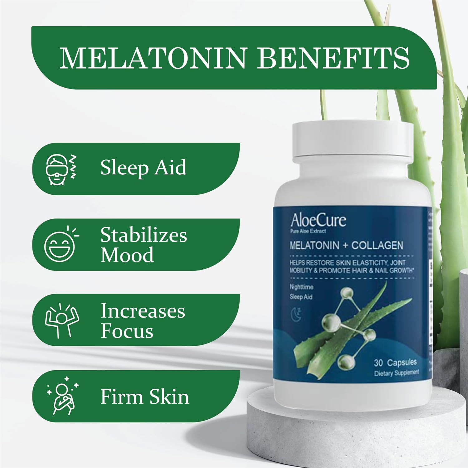 AloeCure Natural Melatonin + Collagen with Organic Aloe Vera - Natural Sleep Aid Supplement for Restful Nights - Collagen Complex for Joint Strength, Skin Elasticity, Hair & Nail Growth, 30 Caps x 6