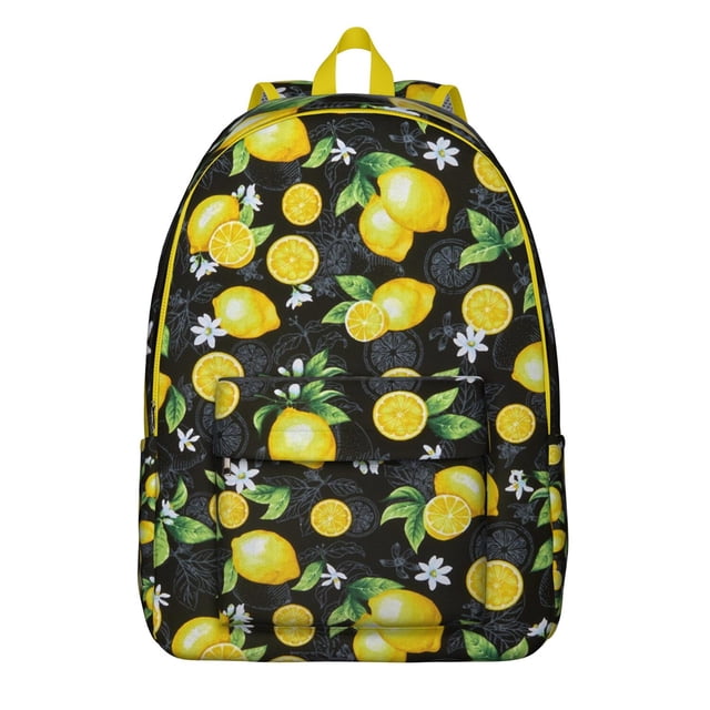 Summer Lemon Fruit Print Backpack, Cute Yellow Citrus Pattern Daypack with Retro Floral Design for School and Picnic