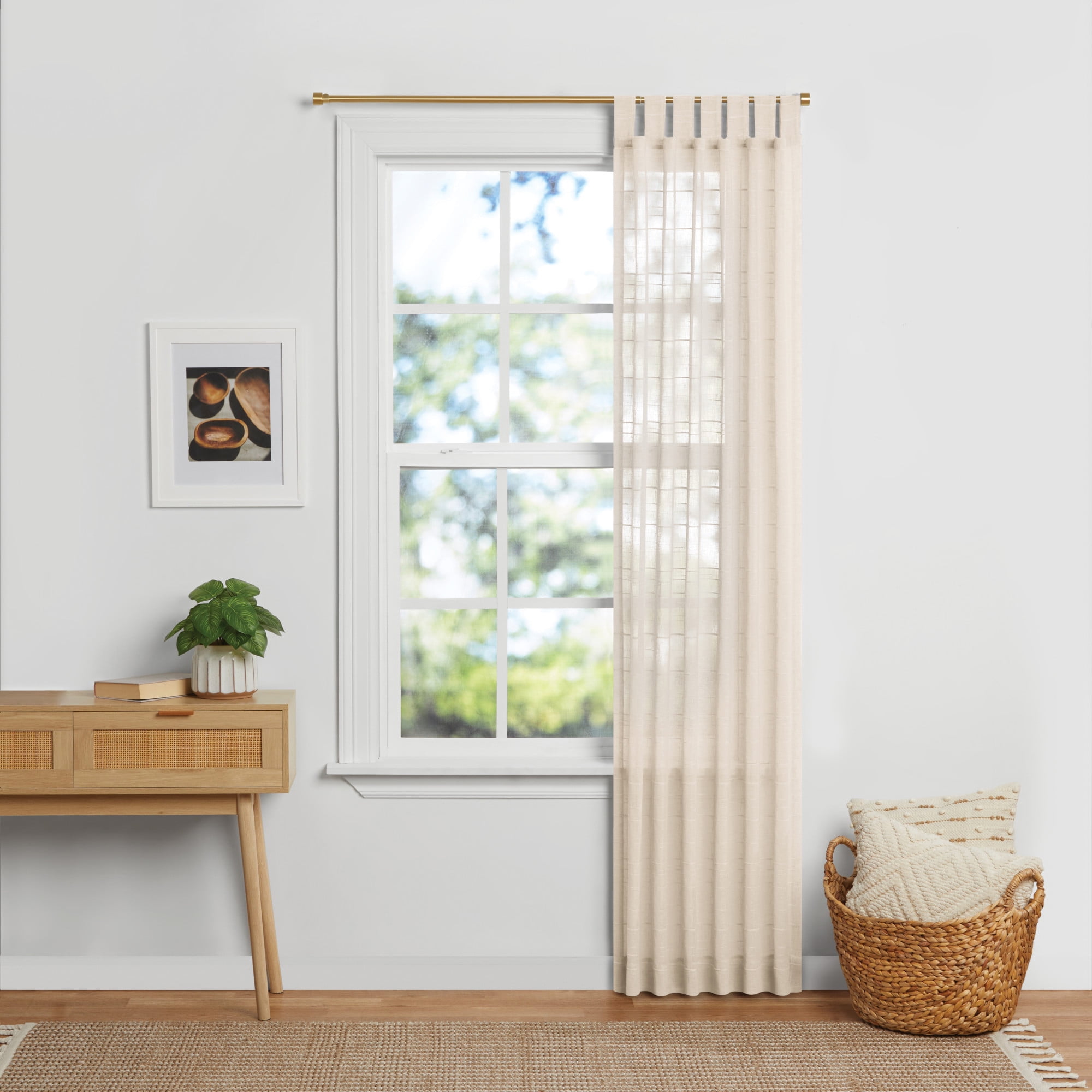 Mainstays Woven Stripe Sheer Indoor Curtain Single Panel, Tab Top, Papyrus Beige, Polyester, 50"W x 84'L, Adult