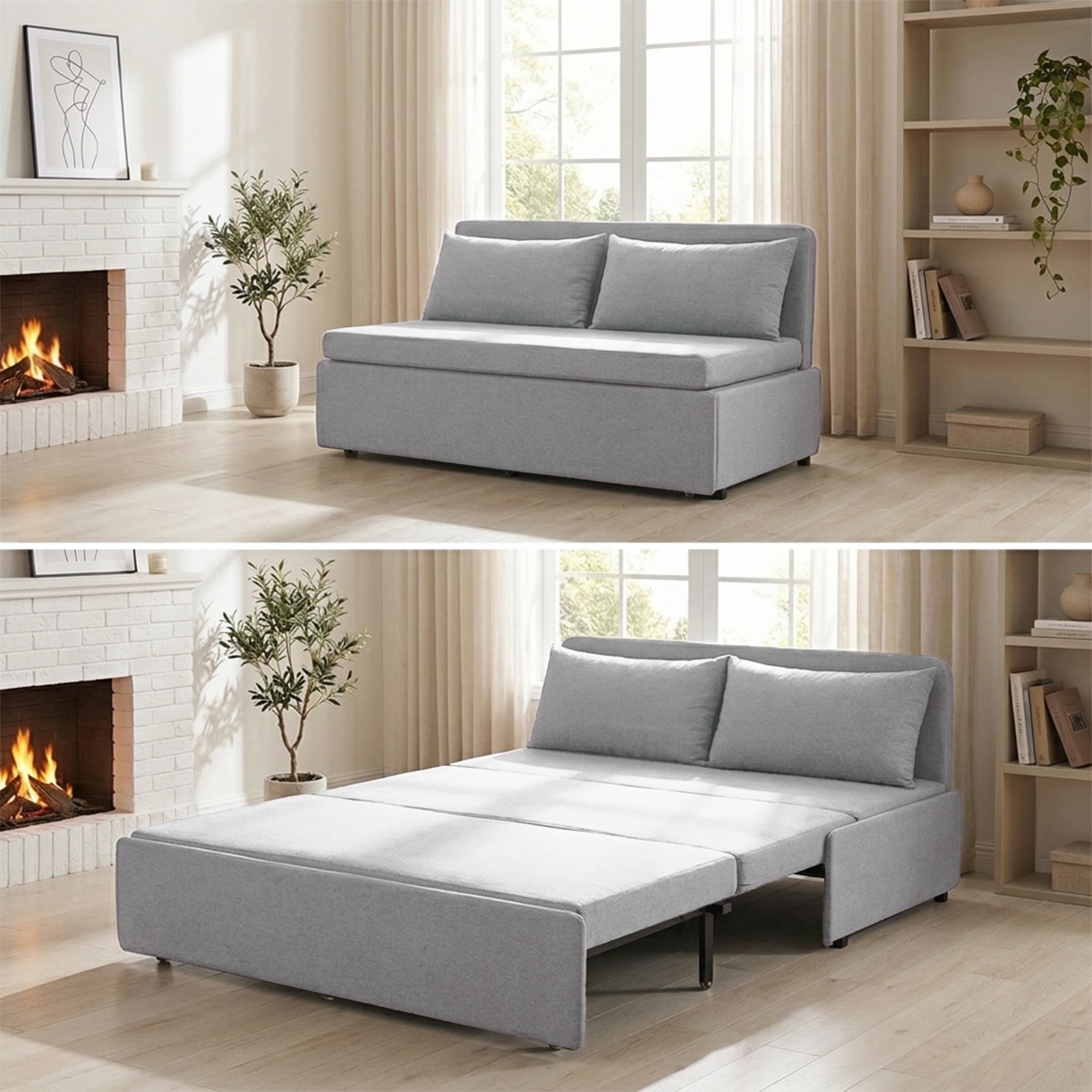 Mjkone Convertible Sofa Bed Queen Size,Linen Pull Out Sofa Bed with Cushions&Throw Pillows,Revesible Sleeper Couch for Apartment/Small Spaces,Light Gray