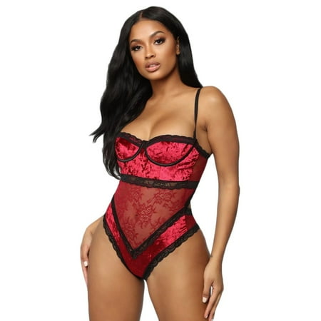 (Toponeto) One Piece Women Velvet Lace Teddy Underwire Lingerie Jumpsuit Underwear Bodysuit