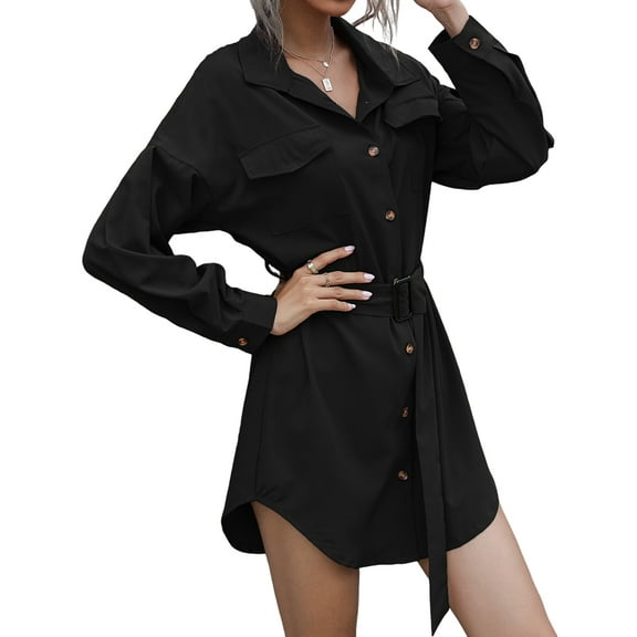 Womens Long Sleeve Midi Long Shirt Dress Casual Solid Button Down Curved Bottom Dresses Tops with Belt Black L