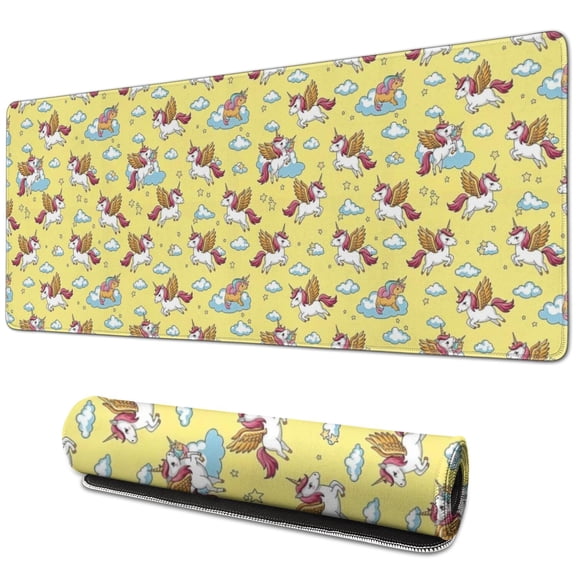 Long Mouse Pads for Desk,Yellow Cartoon Unicorn Rainbow Cloud Star Desk Mats on Top Of Desks, Desk Mouse Pad Extra Large with 3mm Non-Slip Base and Stitched Edge for Gaming,Work,Home 31.5"x11.8"