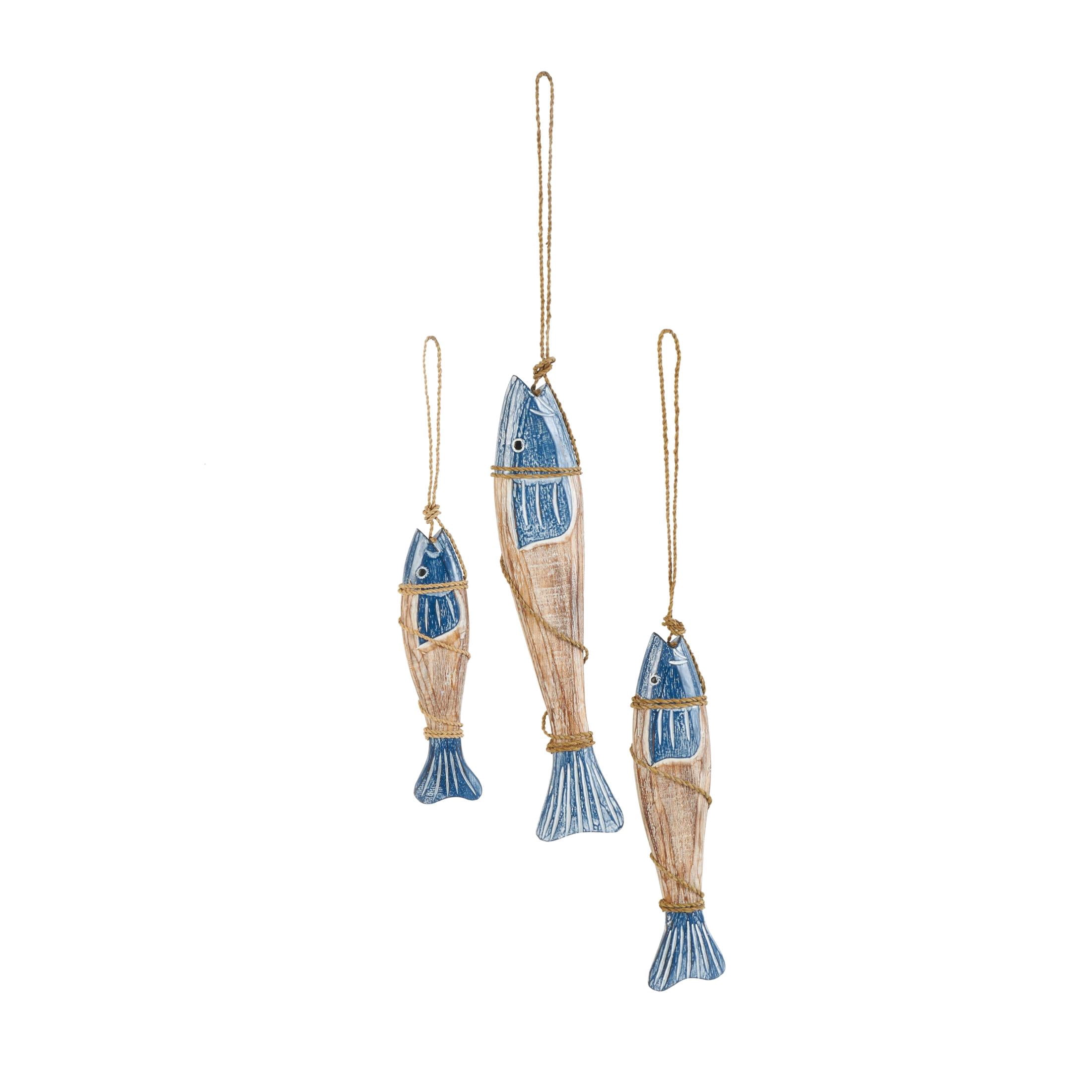 DecMode Blue Wood Handmade Fish Wall Decor with Wrapped Jute Hanging Rope (3 Count)