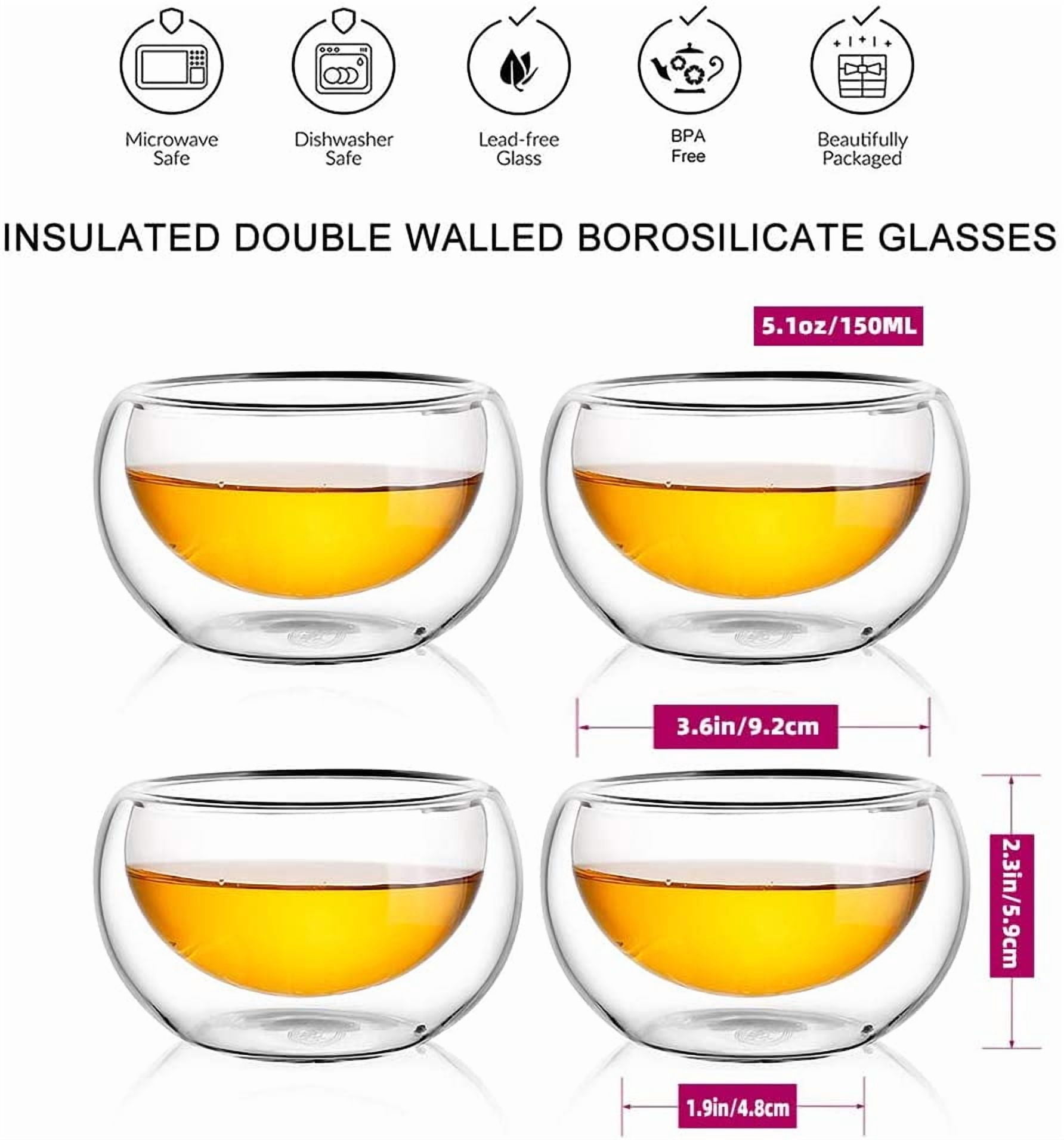 Tea Cups Set of 5 Double Wall Glass Tea Cup, 5.1oz Asian Insulated Clear Teacups 150ML,Small Espresso Cup for Coffee