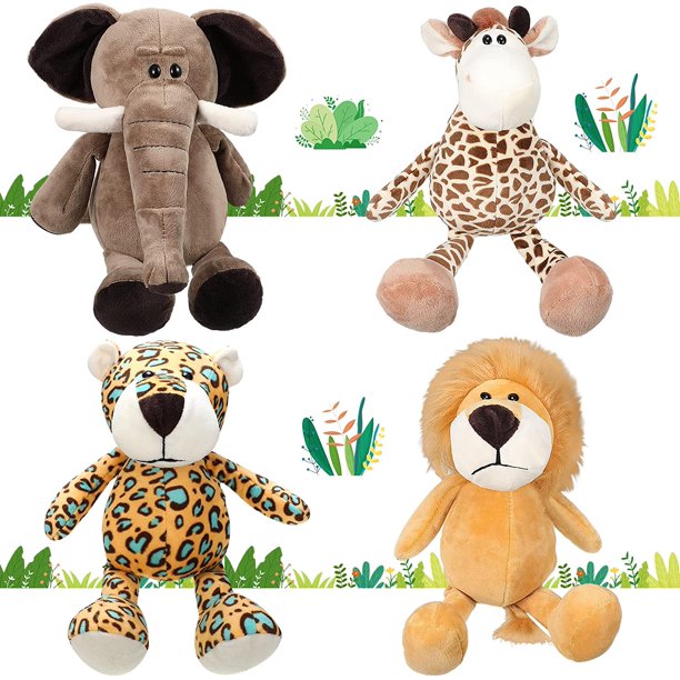 4 Pcs Safari Stuffed Animals Elephant Giraffe Cheetah Lion Stuffed Jungle Animals Cute Plush