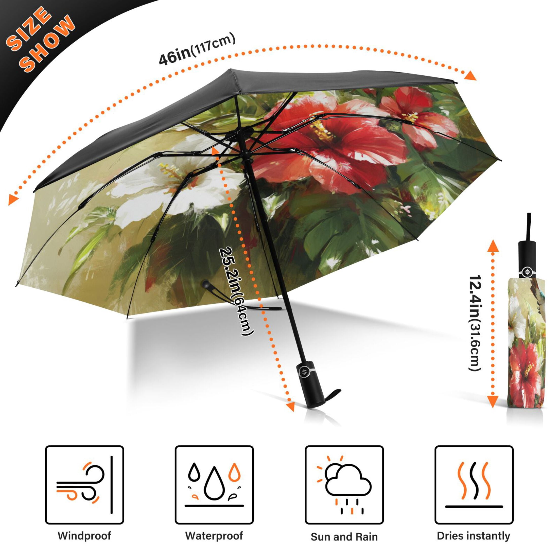 Hummingbird and Hibiscus Extra Large Automatic Umbrella, UV Protection, Waterproof, Auto Open and Close