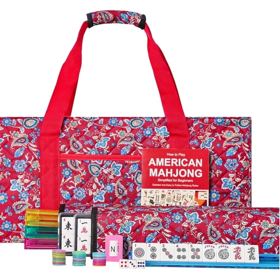American Mahjong Set with 166 White Tiles, 4 All-in-One Rack Pushers, Red Carrying Bag – Complete Mahjong Tile Set for Travel (Ma Jong, Mah-Jongg, Majiang)