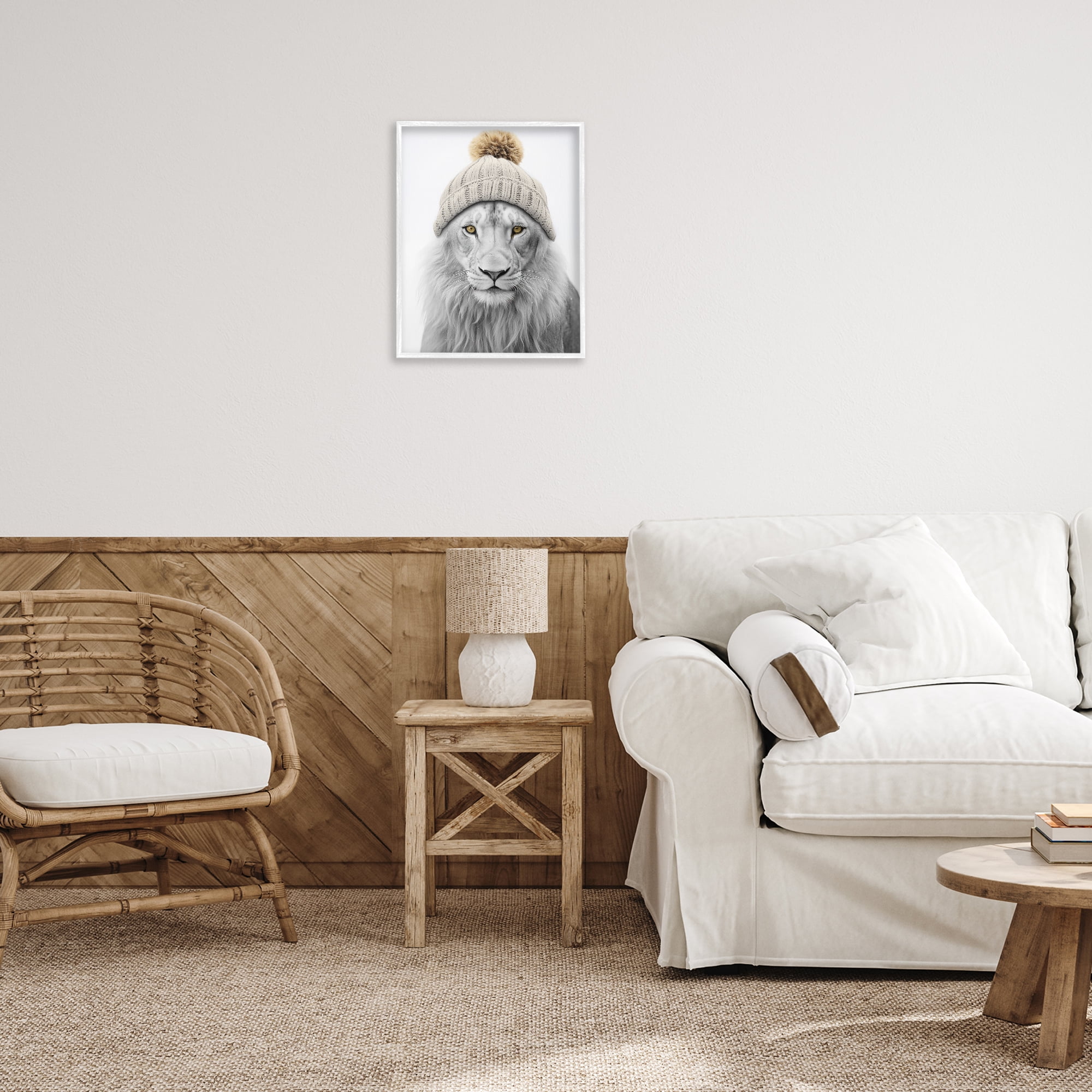 Stupell Industries Lion in Winter Hat Animals & Insects Painting White Framed Art Print Wall Art, 16 x 20