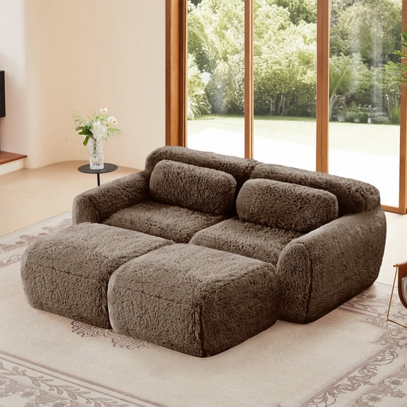 2-seater 80''Soft Plush Fabric,Boneless Sofa,No Assembly Required,Bottom Anti-Slip Design with Chaise,Ottoman,Deep Seat Design,32D High Density Sponge Free Combination for Study (Chocolate)