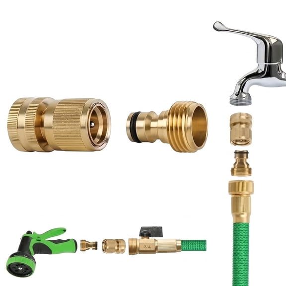 DEXIMRO Garden Hose Quick Connector, Solid Brass 3/4 Inch GHT Thread Garden Quick Connect Kit, Male and Female No-Leak Water Hose Fittings (1 Set)