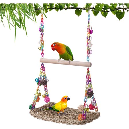 Bird Swing Toys with Wood Perch Seagrass Woven Parrot Platform Climbing Hanging Hammock Perch Stand Chewing Toy for Parakeets Budgie Conure Cockatiel Lovebird