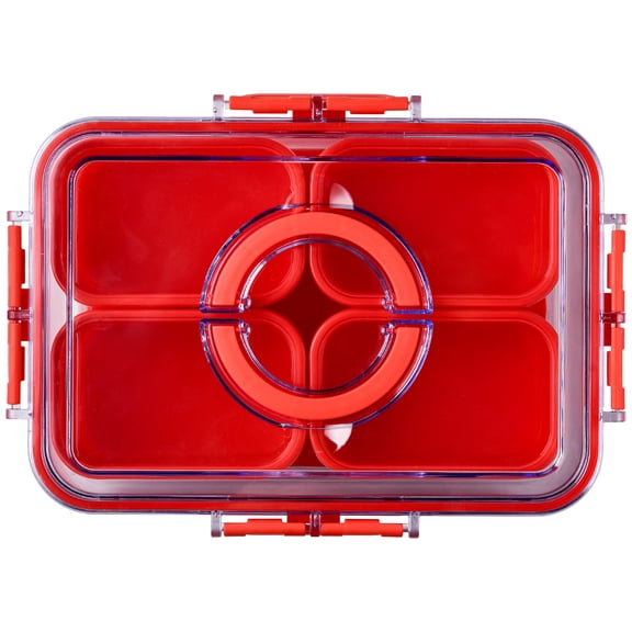 Cook with Color 4-Compartment Snack Box with Ice pack, Locking Lid and Handle, Dishwasher Safe, Red
