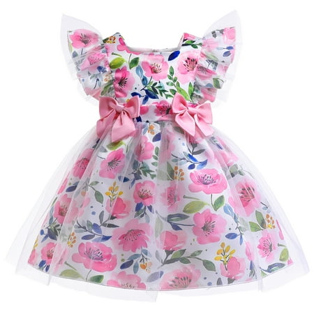 

5T Little Girls Wedding Princess Dress Party Dress Formal Pageant Dress 6T Little Girls Fly Ruffled Sleeve V-Neck Floral Prints Tulle Layer Party Formal Pageant Dress Pink
